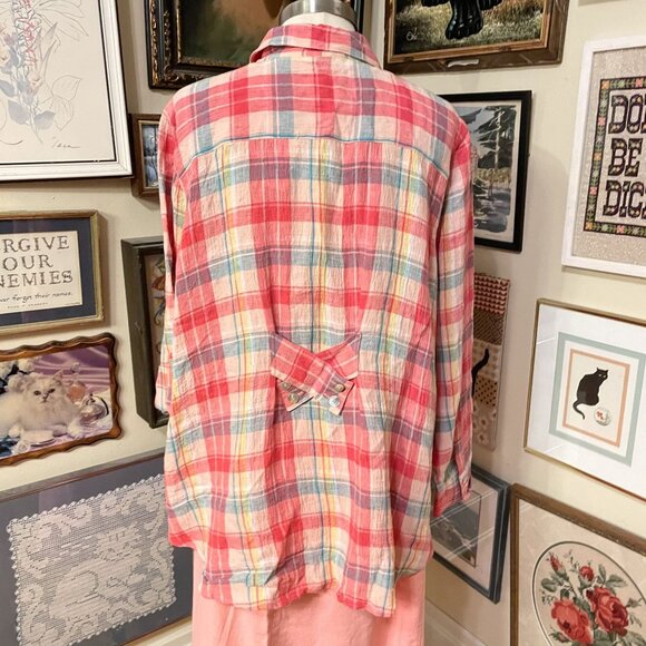 Soft Surroundings Womens Red Plaid Linen Button-Up Long Sleeve Shirt Size 3X - Picture 5 of 11